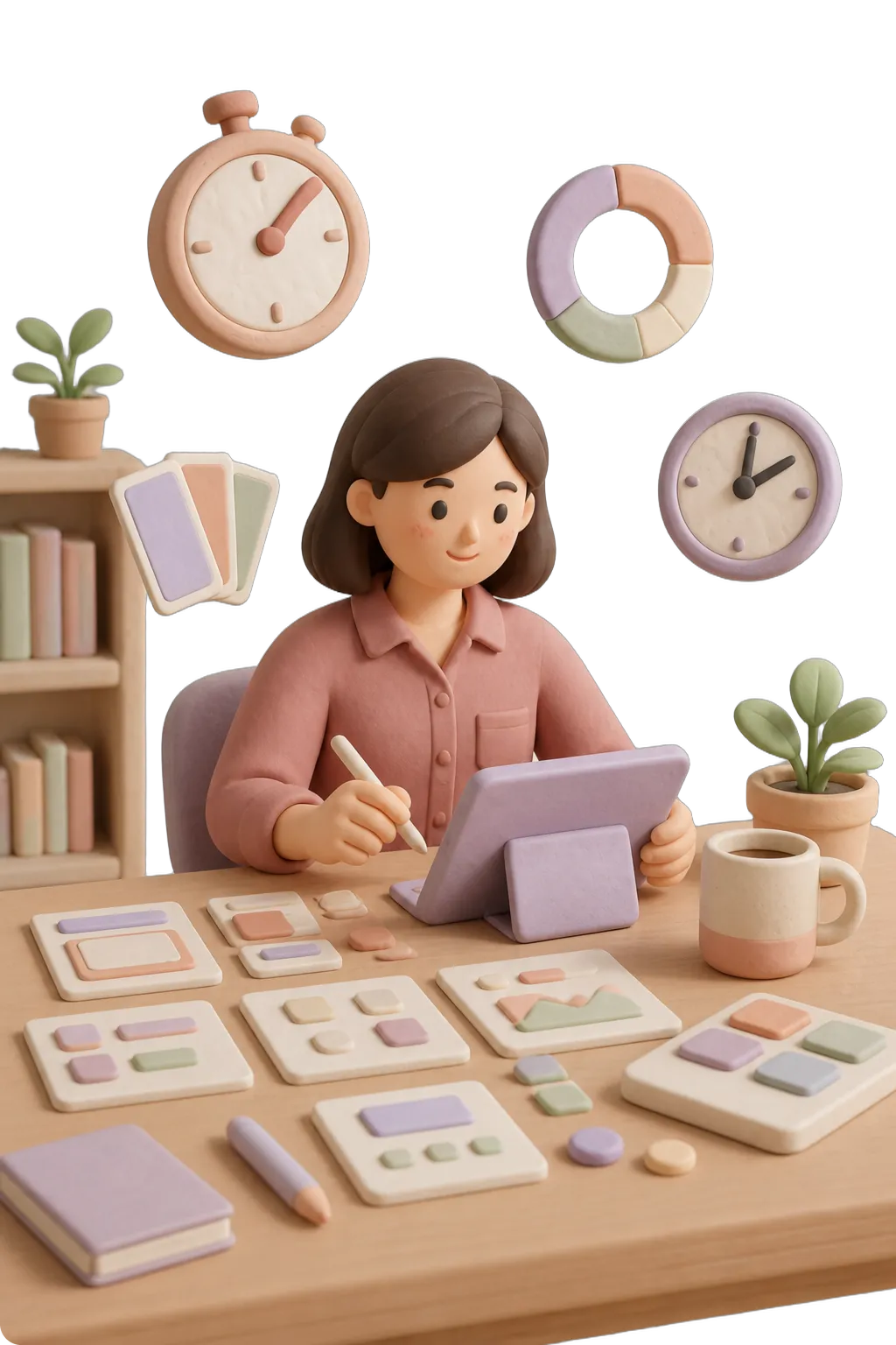 Clay figure of a designer with color tiles and a tablet