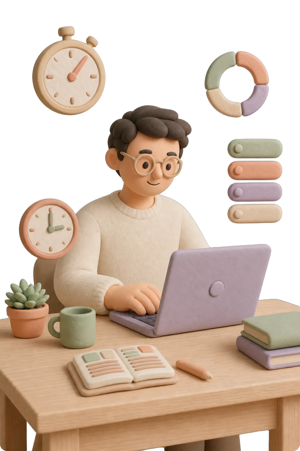 Clay figure of an employee with floating time blocks