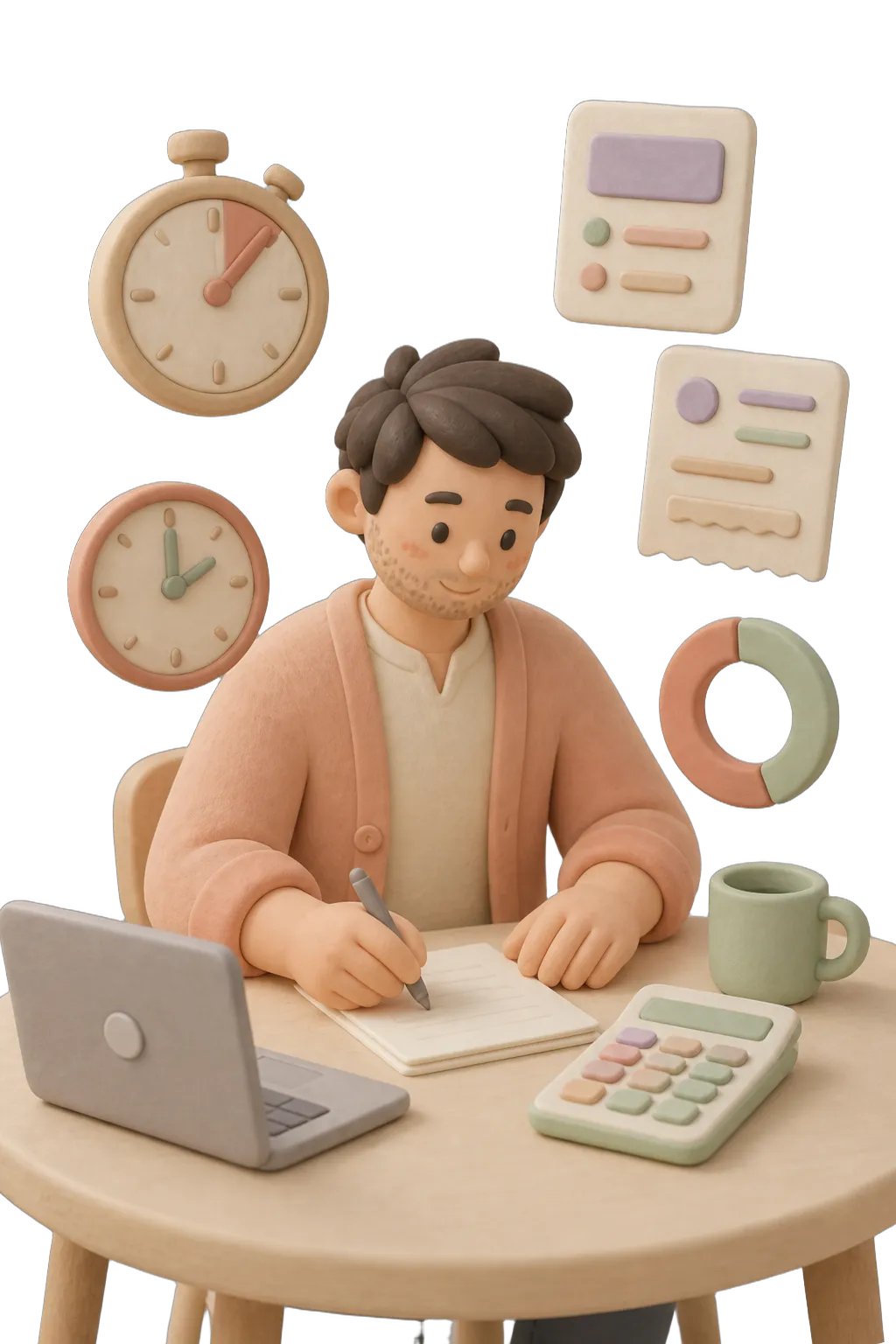 Clay figure of a freelancer with stopwatch and cards