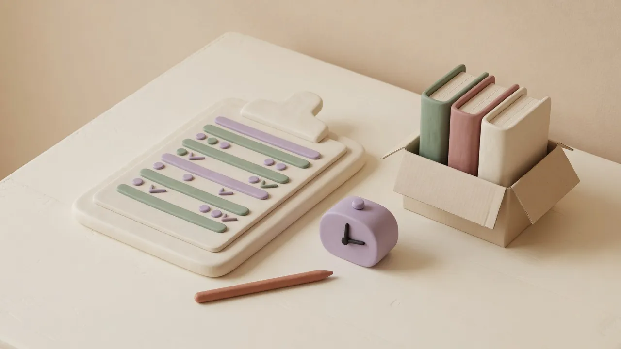 Clipboard with rows, a small timer, and a box of books on a table.