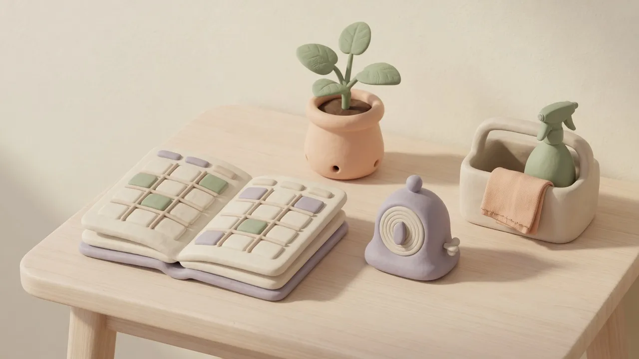 An open planner and small timer beside a cleaning caddy with a cloth and spray bottle, and a potted plant.