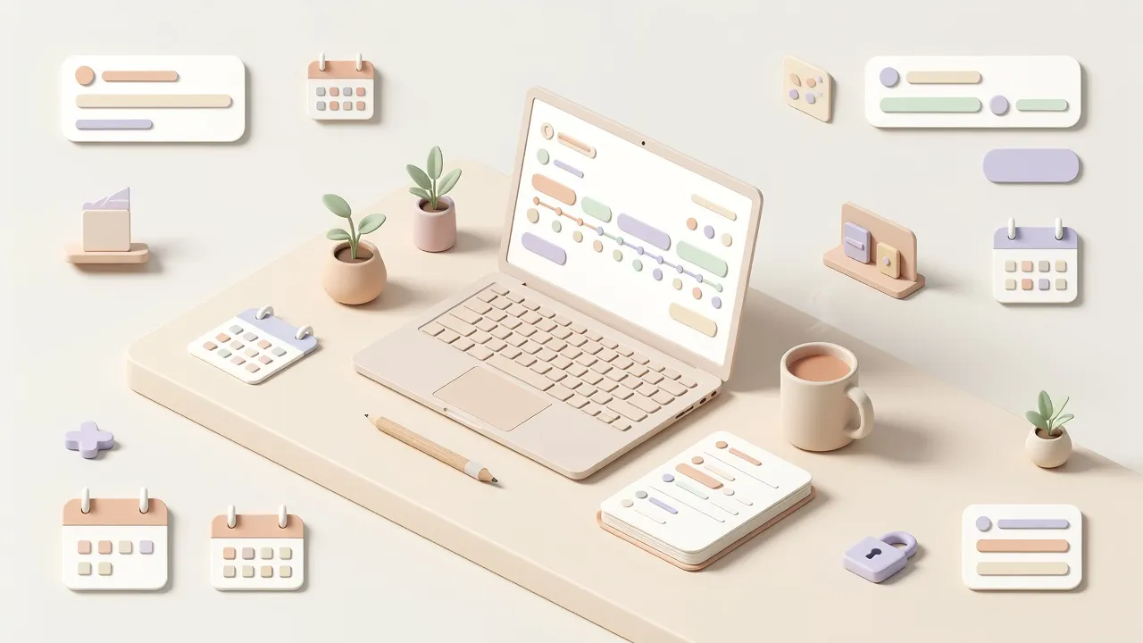 Soft pastel isometric desk scene with a laptop, notebook, calendar cards, and workday timeline blocks representing a private daily work log.