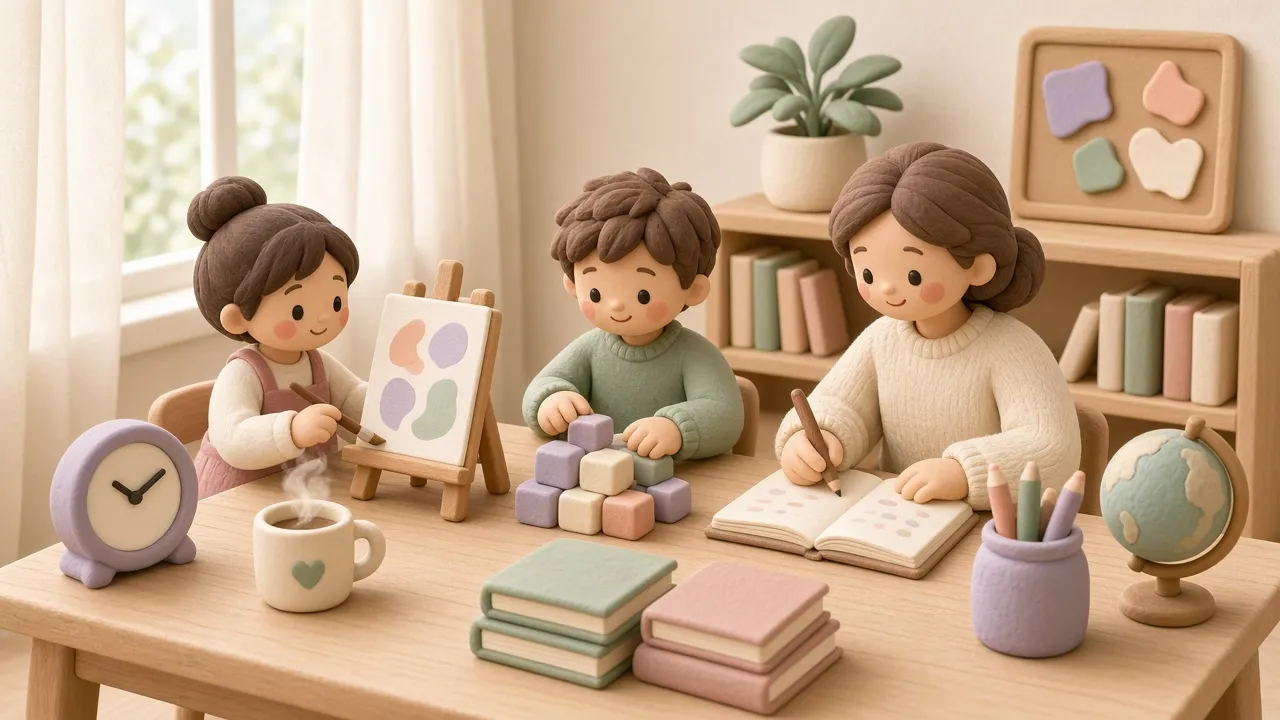 A parent writes in a logbook at a wooden table while one child paints and another builds with blocks.