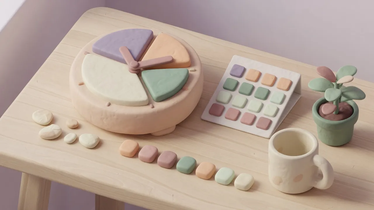 Clay illustration of a desk with a clock split into four quarter-hour segments, a card of rounded time blocks, pebbles becoming even tiles, a mug, and a plant.