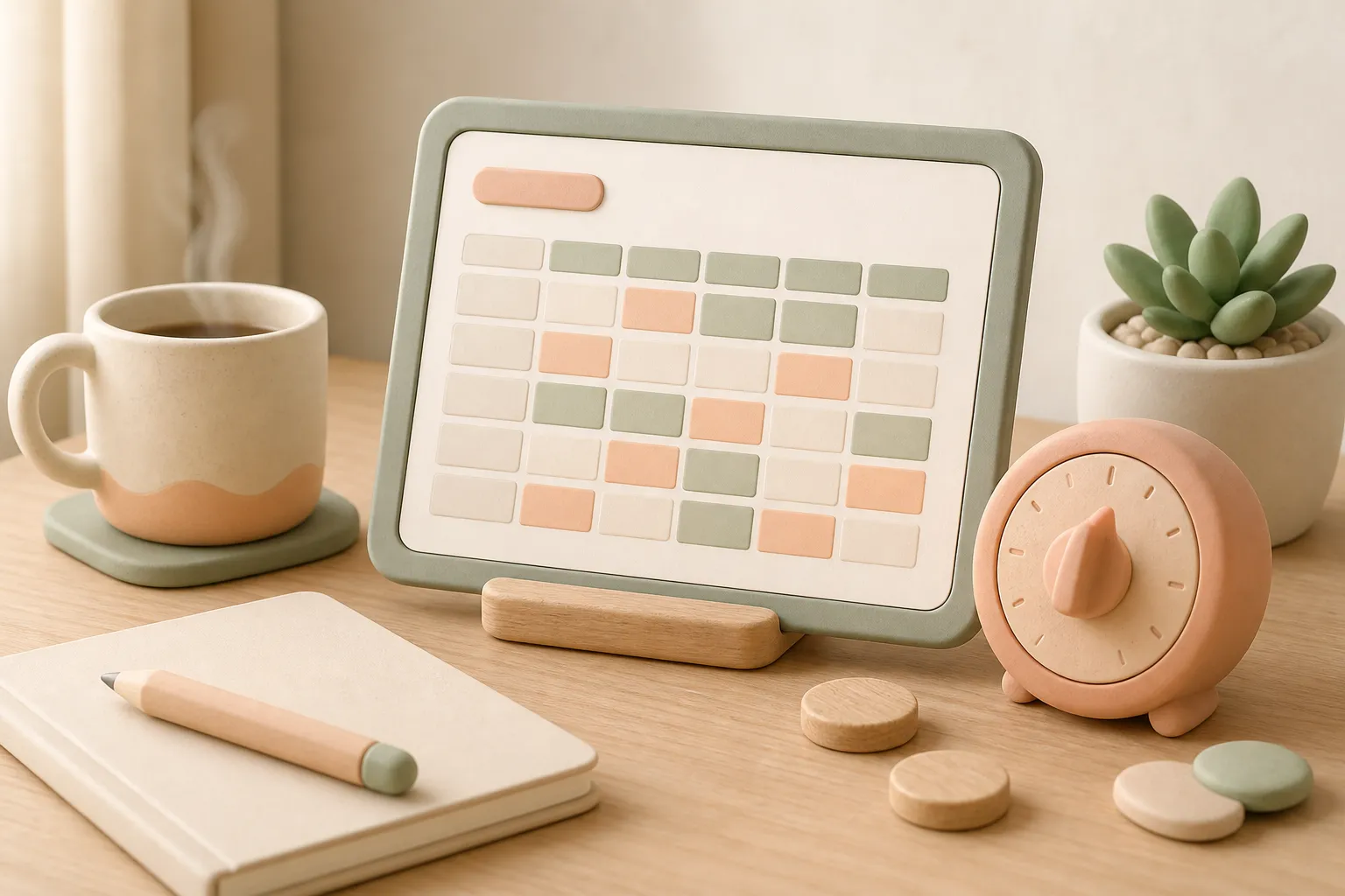 Soft 3D clay desk still life with an abstract tablet showing a timesheet grid, a round mechanical timer, wooden tokens, a ceramic mug, and a potted plant on a light wood desk.