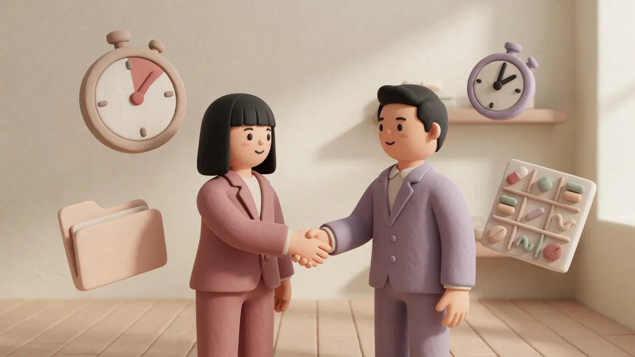 Soft 3D clay scene of two people in suits shaking hands, with a timer, a stopwatch, a folder, and an abstract timesheet grid around them.