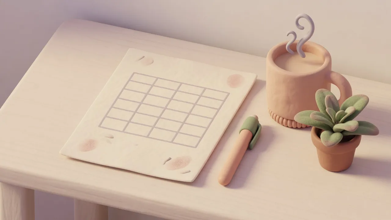 Soft 3D clay desk with a paper worksheet of unlabeled rows, a pen, a mug, and a small plant in calm daylight.