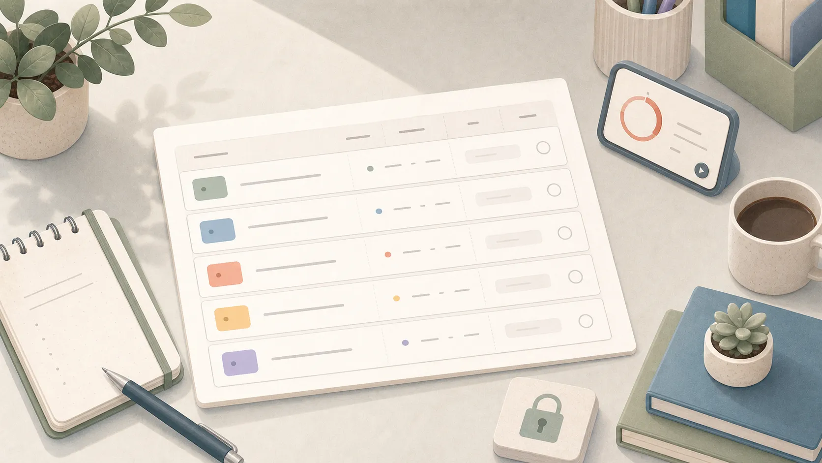 Soft pastel illustration of a calm manual time tracking card with a running timer, plain task rows, and a private local-device lock on a desk.