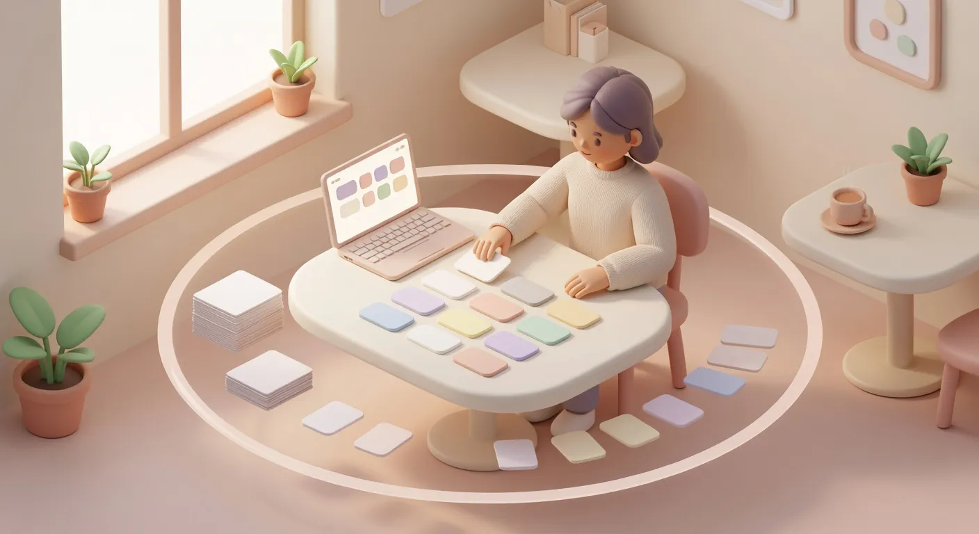 Illustration of a freelancer at a laptop sorting pastel cards into labelled stacks on a round table.