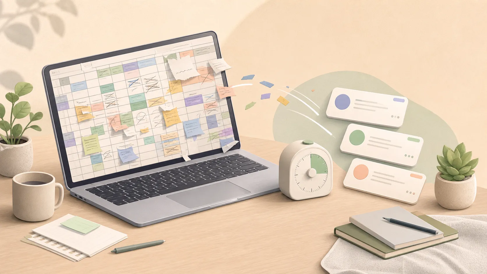 Soft pastel illustration of a messy spreadsheet grid on a laptop beside a calm timer and tidy time-entry cards.
