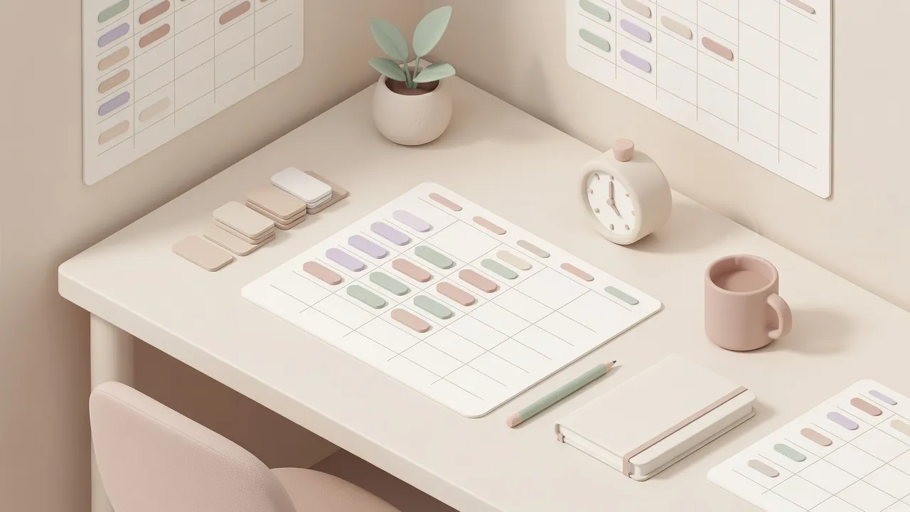 Soft pastel isometric desk with a weekly time budget, open hour blocks, a calm timer, and a small buffer of unassigned cards.