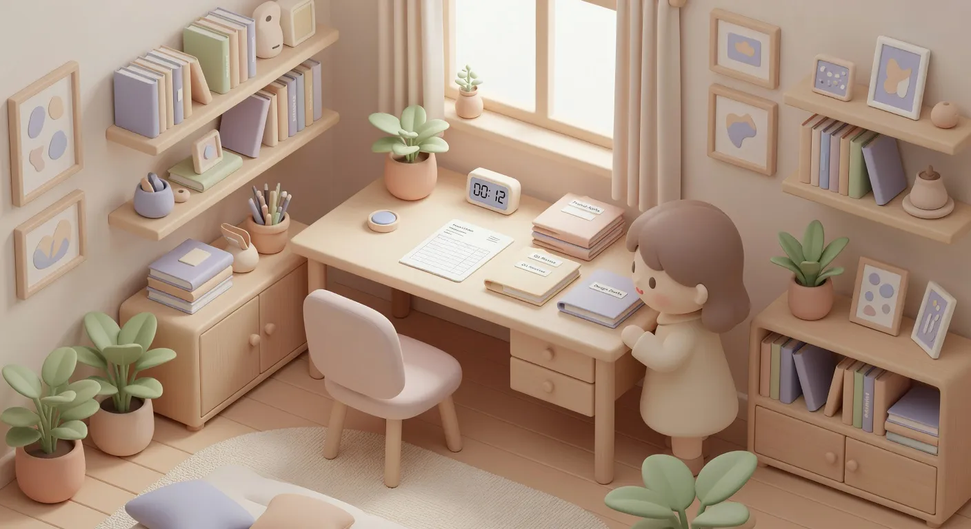 Illustration of a calm desk with a single running timer, a short tidy invoice, and a few neatly labeled project folders beside a window.
