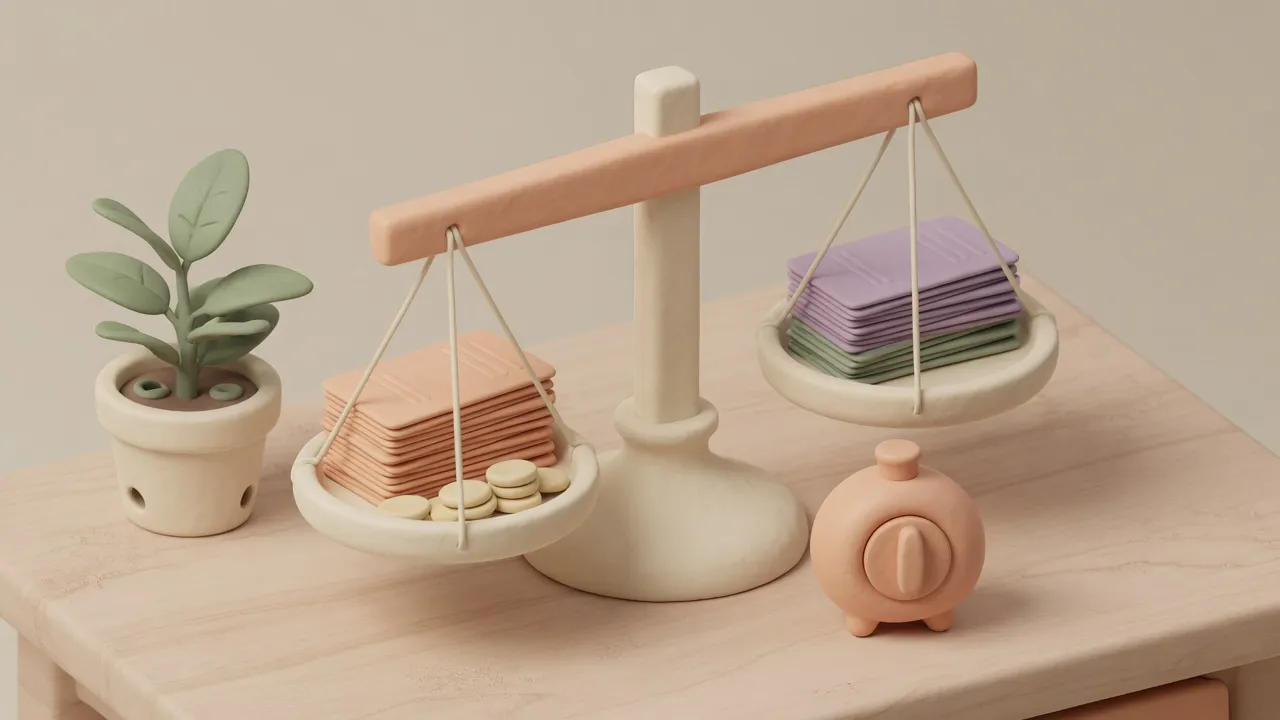 Soft 3D clay balance scale weighing peach time cards and small coins against lavender and sage cards, with a peach timer and a potted plant on a cream desk.