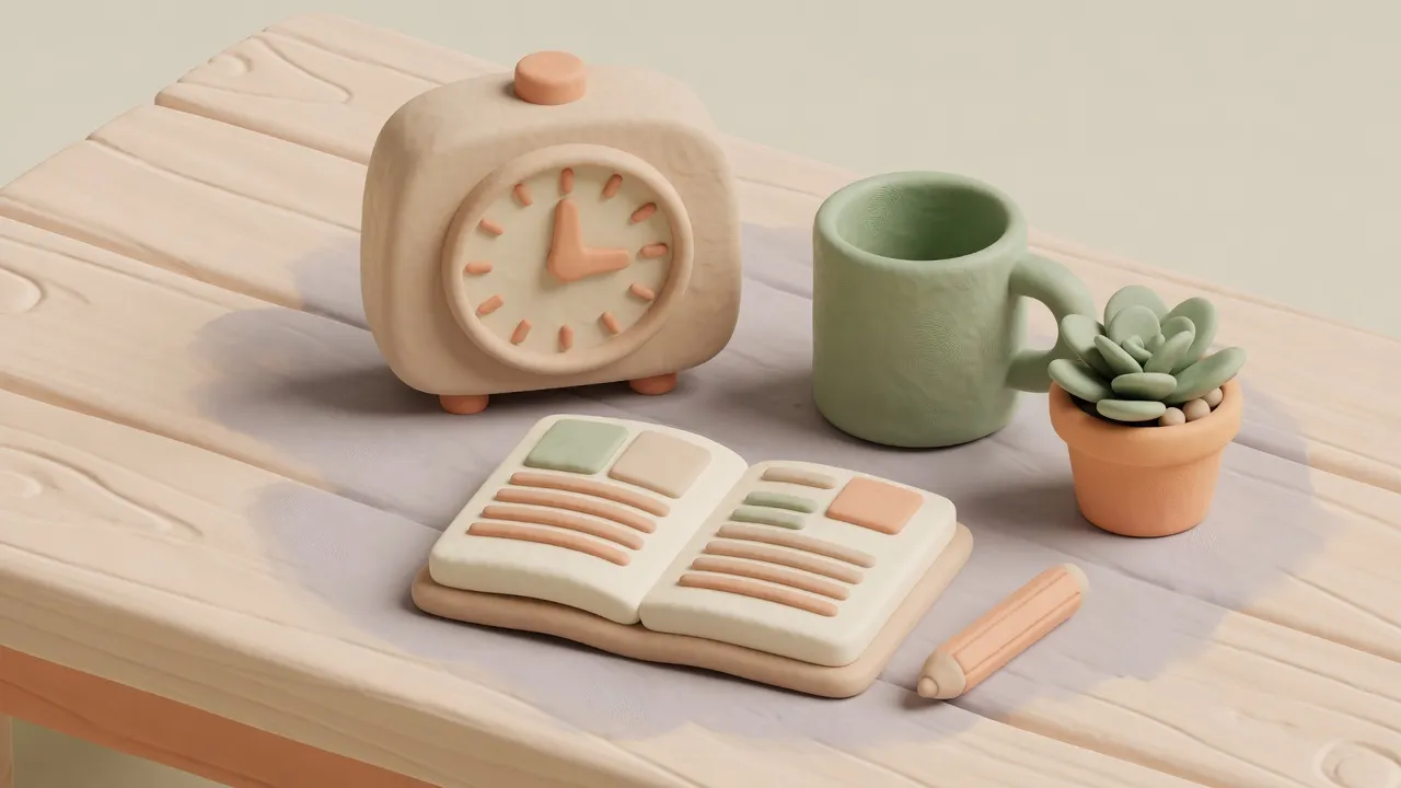 Soft 3D clay desk scene with a chunky clock timer, an open notebook with abstract pastel work blocks, a green mug, a small succulent, and a pencil on a light wooden table.