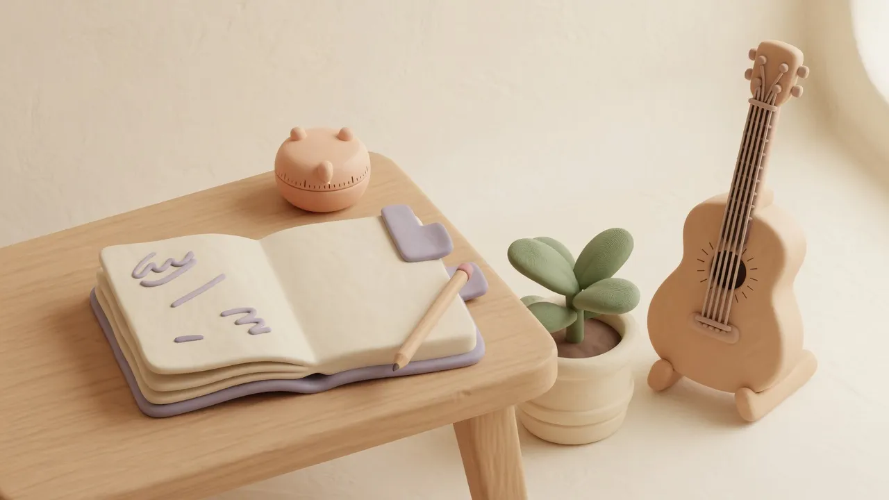 An open notebook, pencil, and round timer on a table beside a guitar and a small plant.