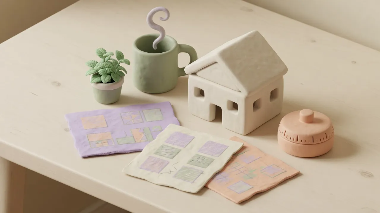 Soft 3D clay desk scene with a small house model, a peach timer, unlabeled drawing sheets, a mug, and a plant on cream wood.