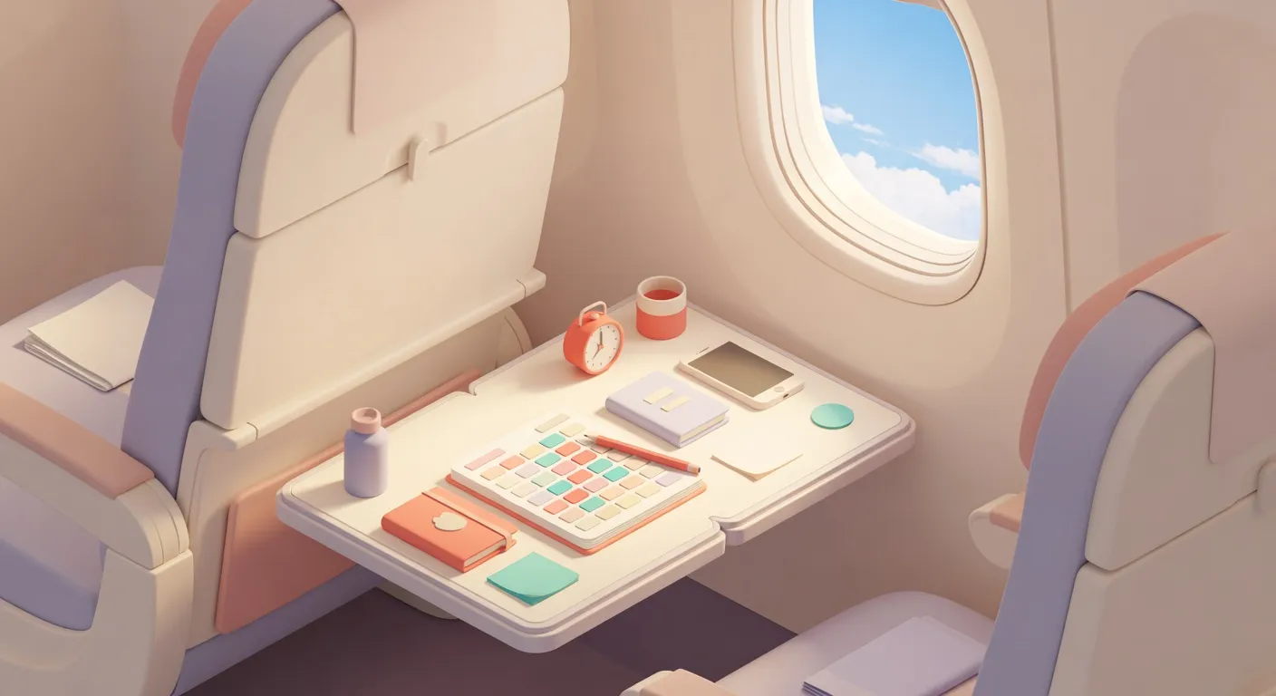 Illustration of an airplane tray table with a small clock, phone, notebook, and calendar grid beside a window of clouds.