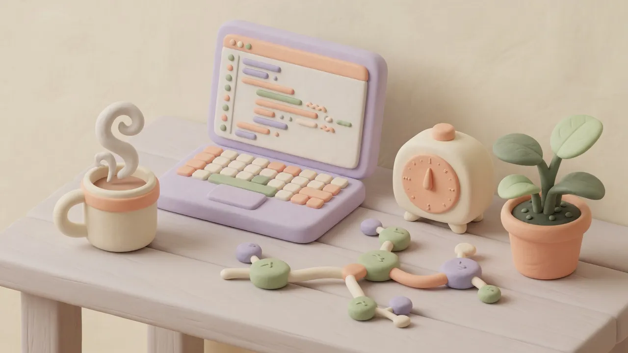 Soft 3D clay scene of a laptop showing an abstract code editor with pastel blocks, next to a chunky timer, a branching git-like diagram of connected nodes, a mug, and a small plant on a cream desk.