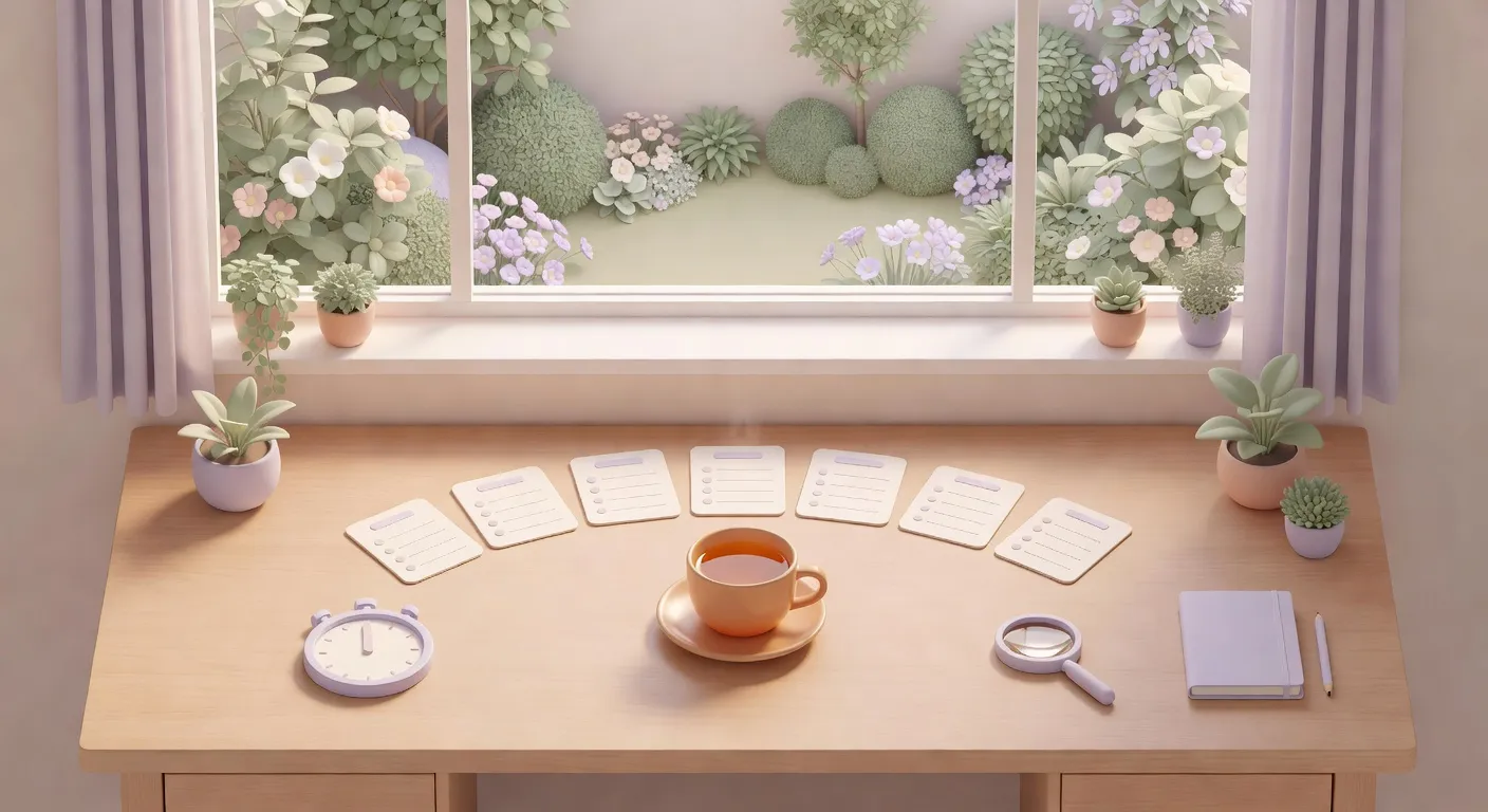 Illustration of an open notebook with three short rows of handwritten time blocks, beside a calm desk, a mug, and a window of soft daylight.