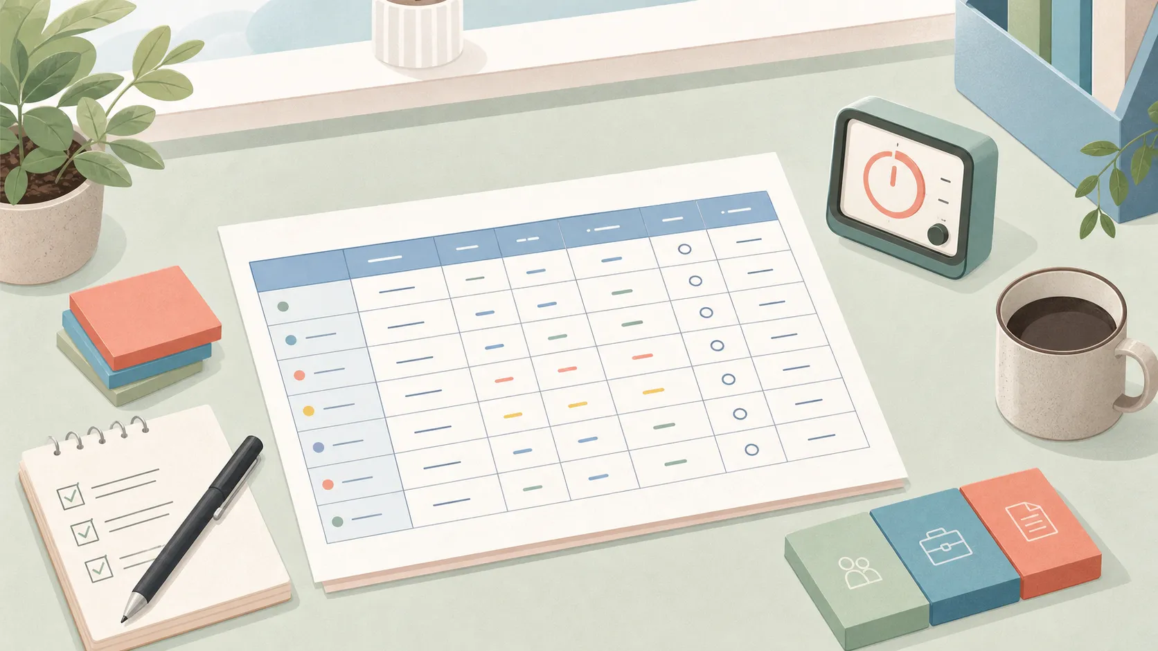 Illustration of a simple timesheet table beside a running timer, short work notes, and a calm desk setup.