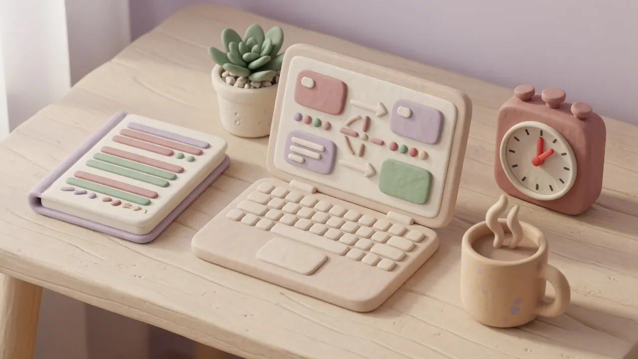 Soft 3D clay desk scene with a laptop displaying abstract project milestone blocks, a chunky mechanical timer, a neat notebook with project phases, a mug, and a potted plant on a light wood desk.