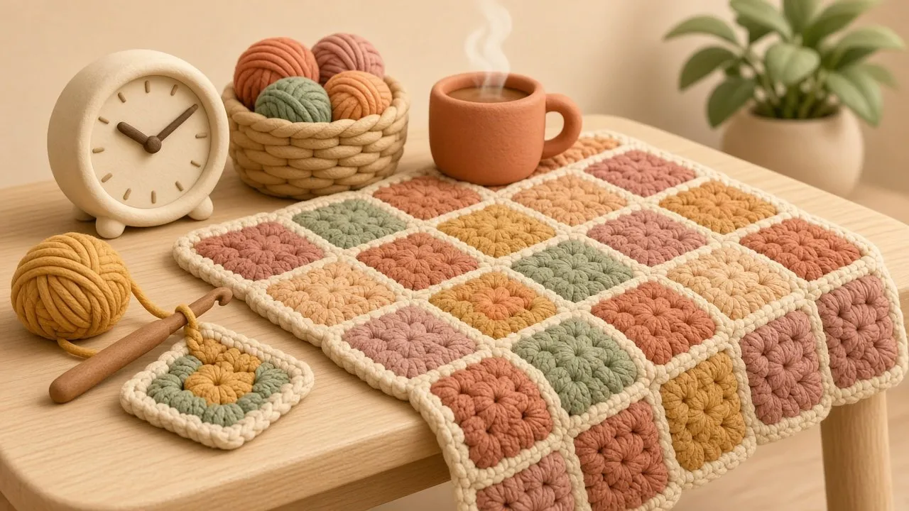 Clay-style granny square blanket in terracotta, mustard, peach, dusty rose, and sage with cream borders, draped over a light wooden table. A wooden crochet hook and a loop of mustard yarn sit next to an unfinished square. Behind it are a cream clock, a basket of yarn balls, a steaming terracotta mug, and a plant.