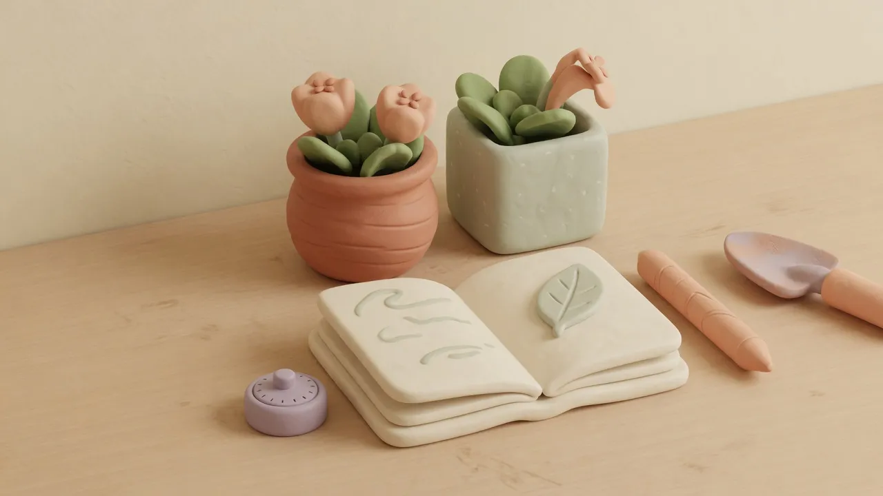 An open garden journal and pencil beside two planters, a small timer, and a garden trowel.