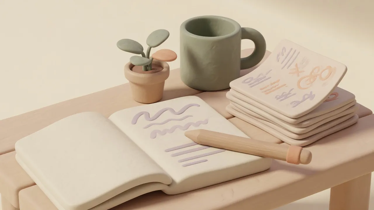 An open notebook and pencil beside manuscript pages, a mug, and a small plant.