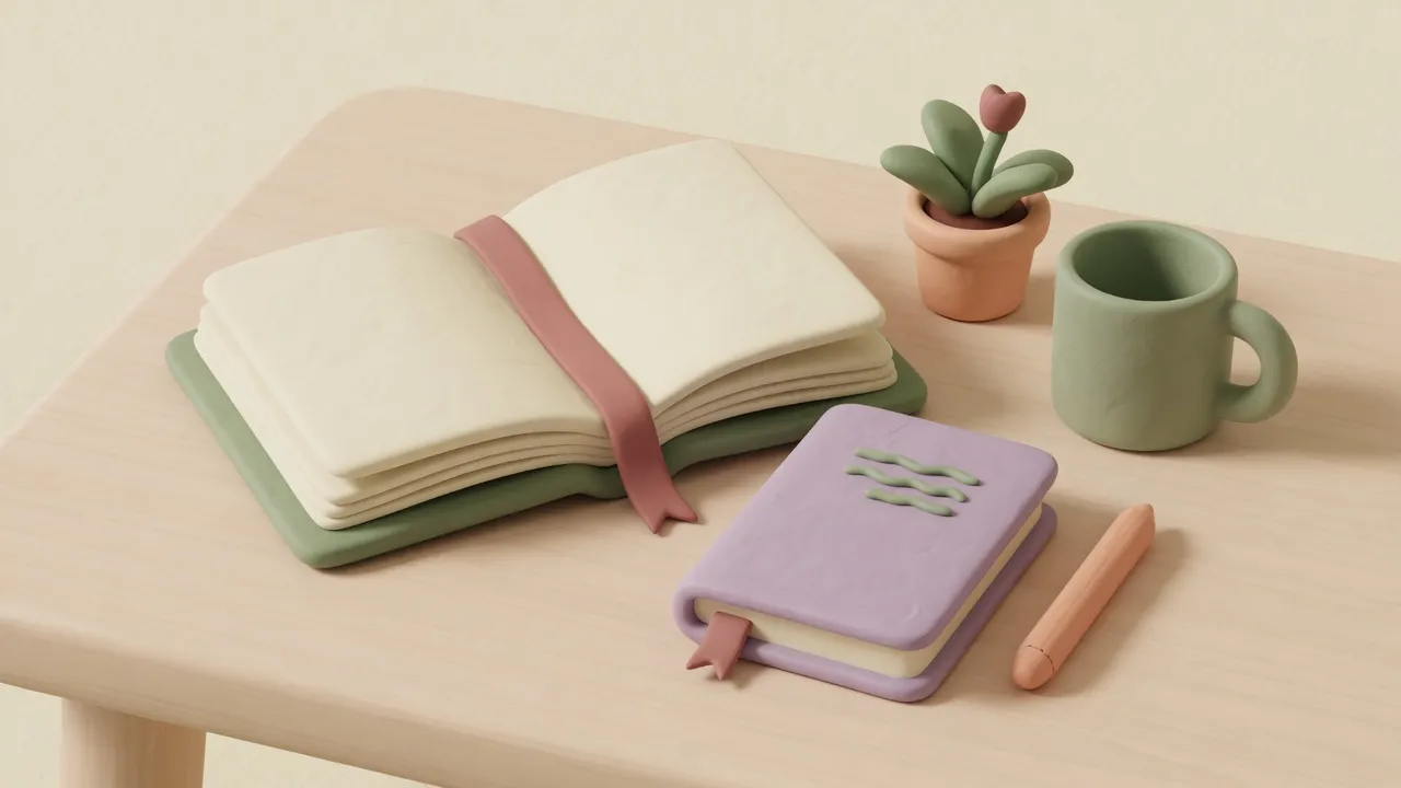 An open book with a ribbon bookmark beside a smaller notebook, pencil, mug, and plant.