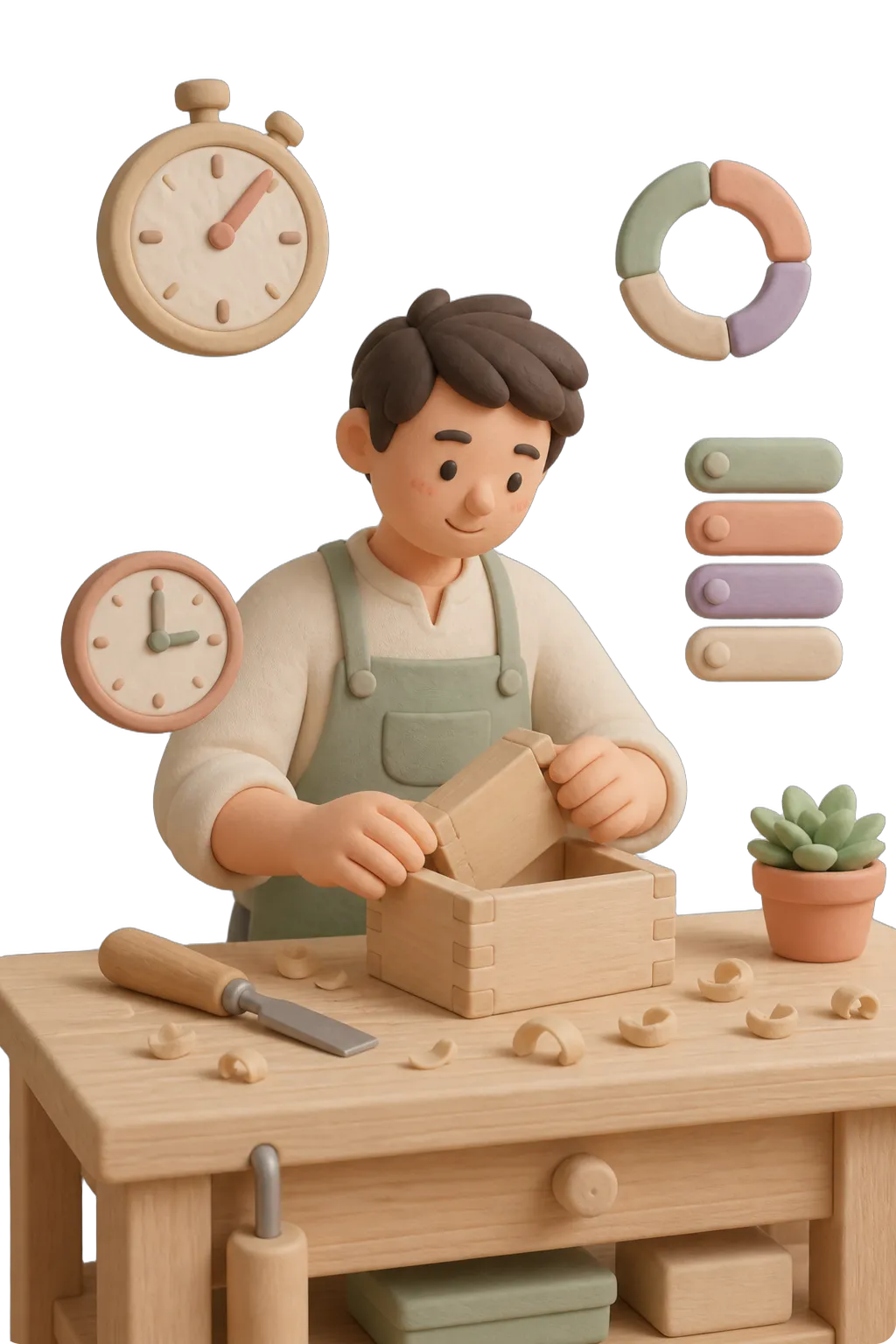 Clay figure of a craftsperson assembling a box