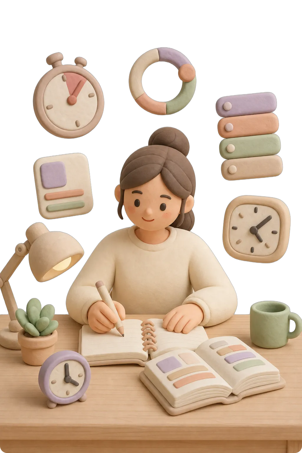 Clay figure of a student studying under a lamp