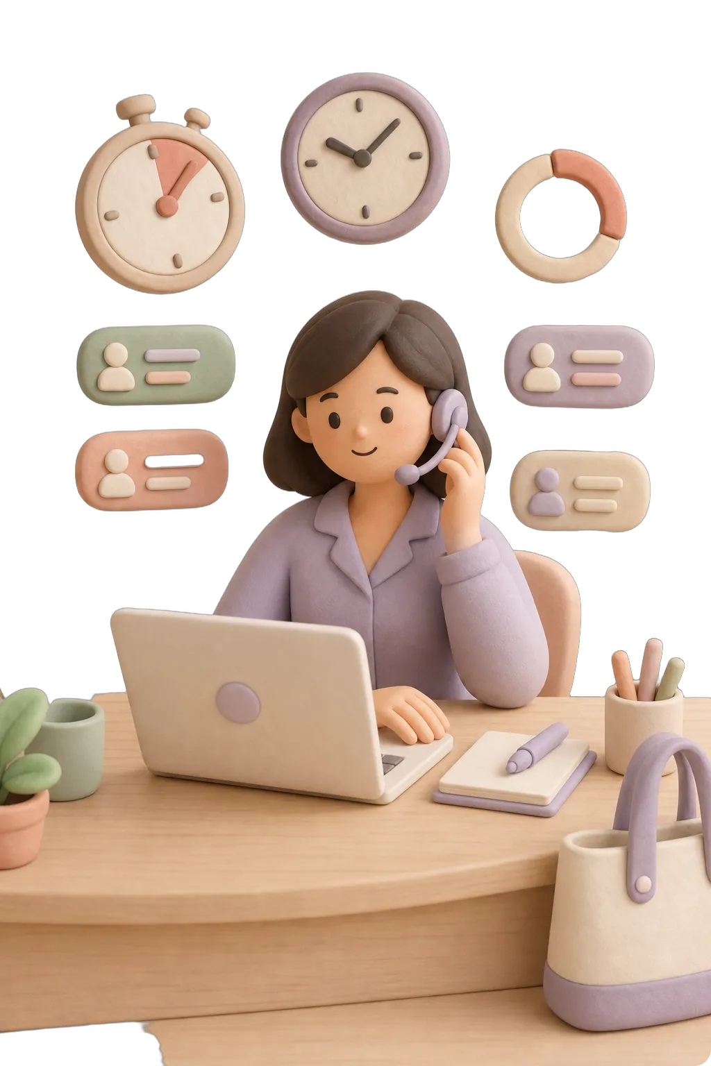 Clay figure of a virtual assistant with headset and laptop