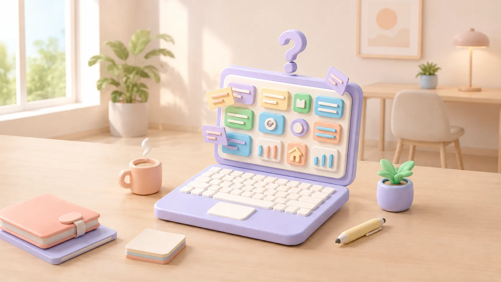 Illustration of a pastel laptop on a desk with a question mark hovering above a jumble of app icons on its screen.